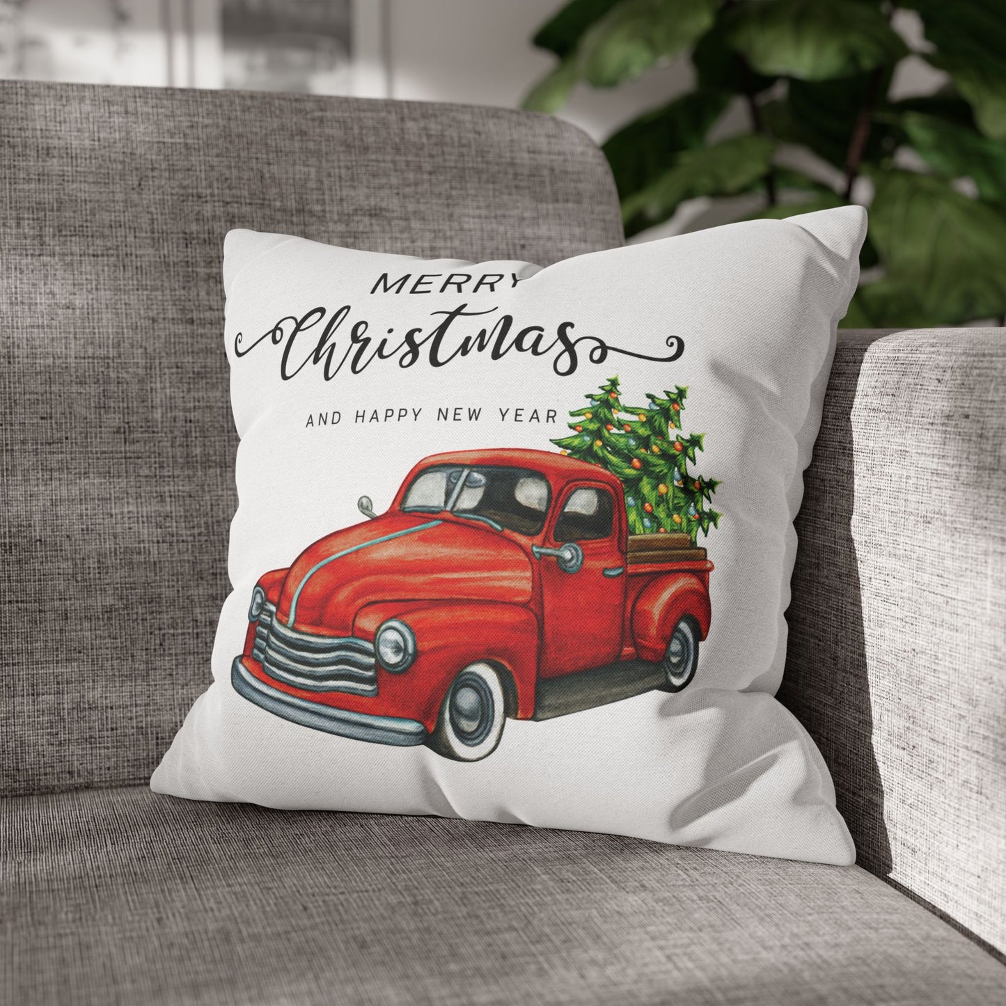 Vintage Christmas Chevy Red truck Design Spun Polyester Square Pillowcase
