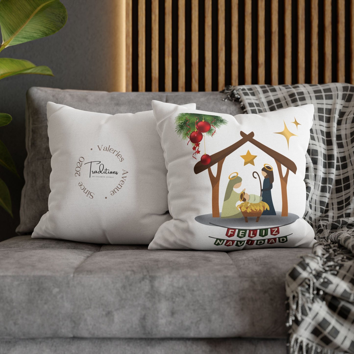 Feliz Navidad printed Nativity Design Spun Polyester Square Pillowcase