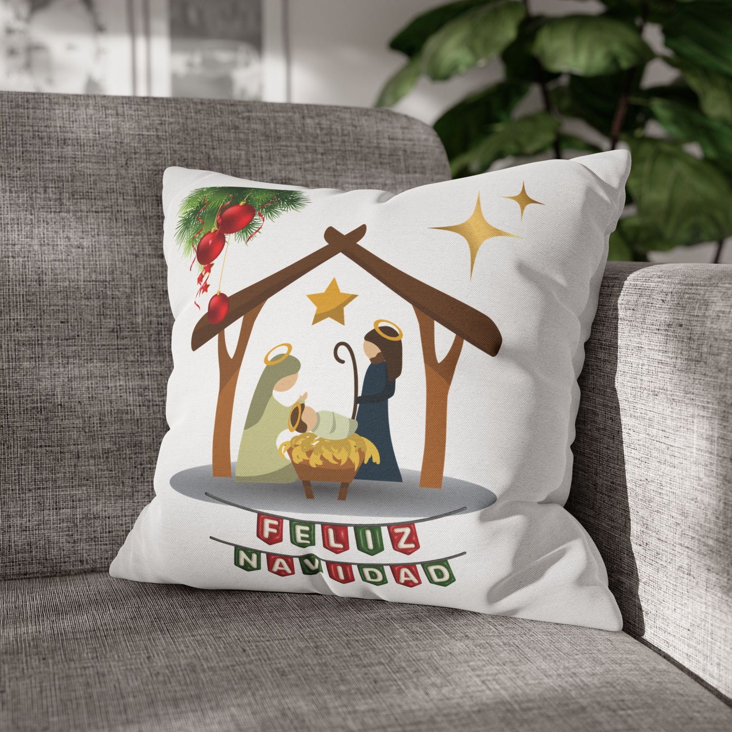 Feliz Navidad printed Nativity Design Spun Polyester Square Pillowcase