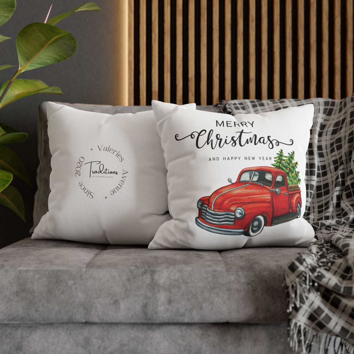Vintage Christmas Chevy Red truck Design Spun Polyester Square Pillowcase