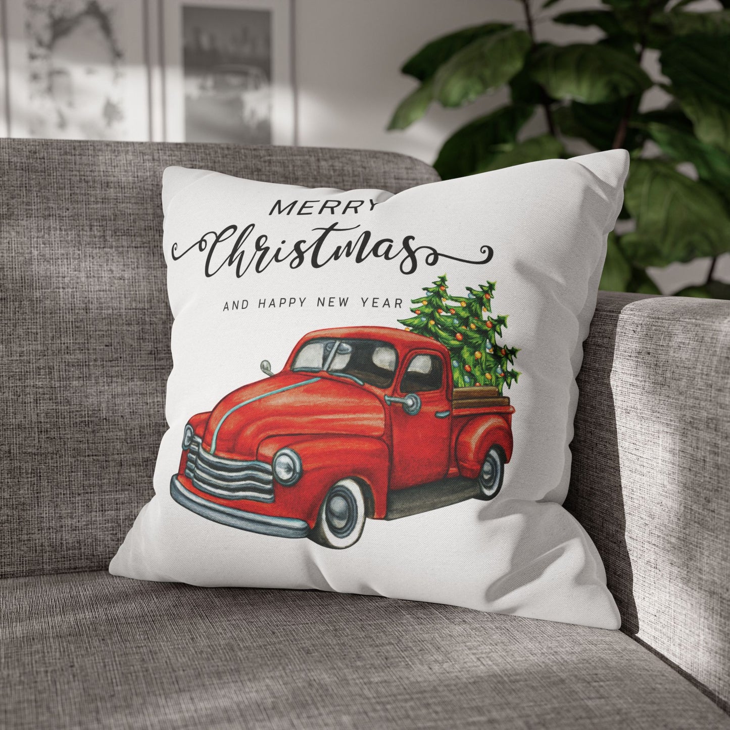Vintage Christmas Chevy Red truck Design Spun Polyester Square Pillowcase