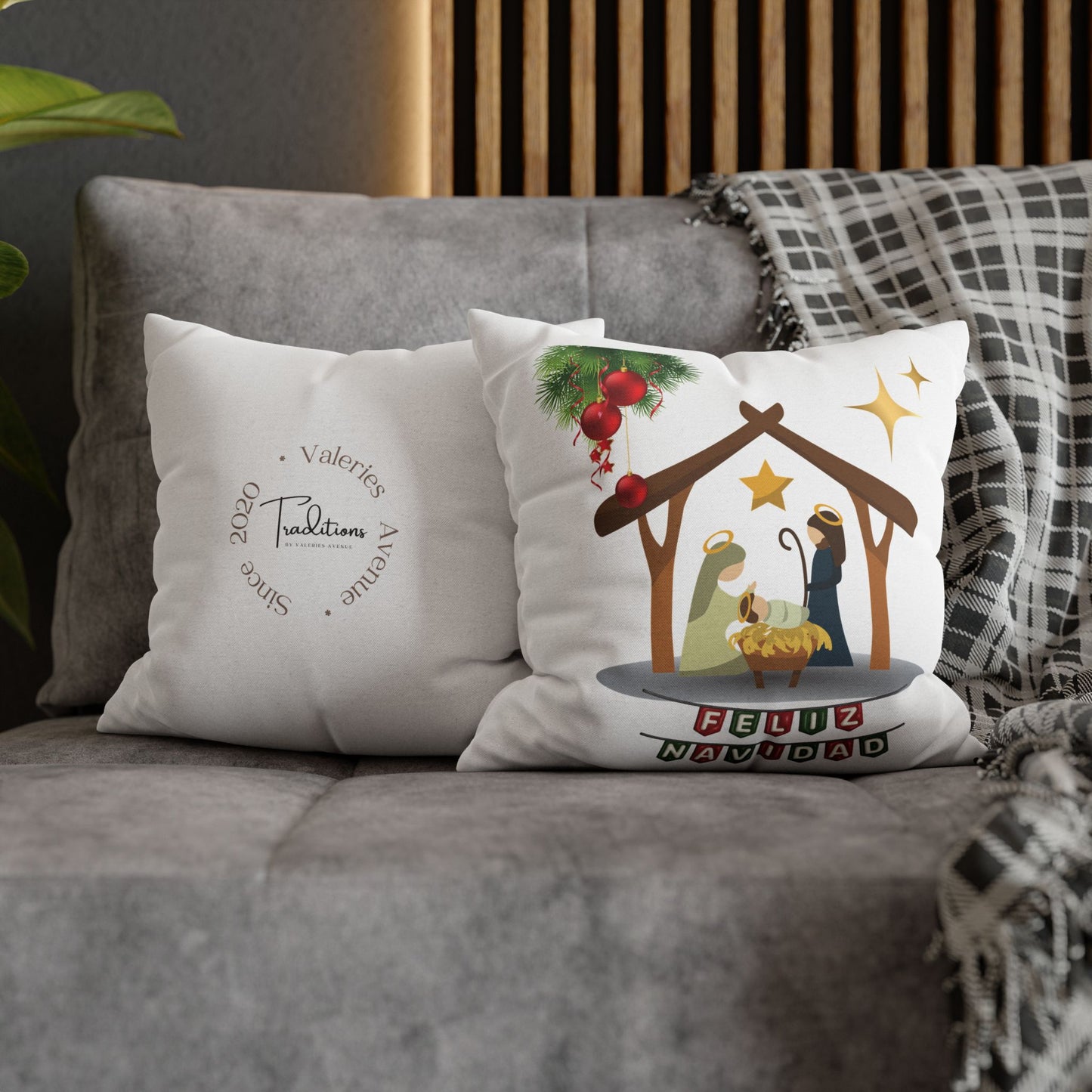 Feliz Navidad printed Nativity Design Spun Polyester Square Pillowcase