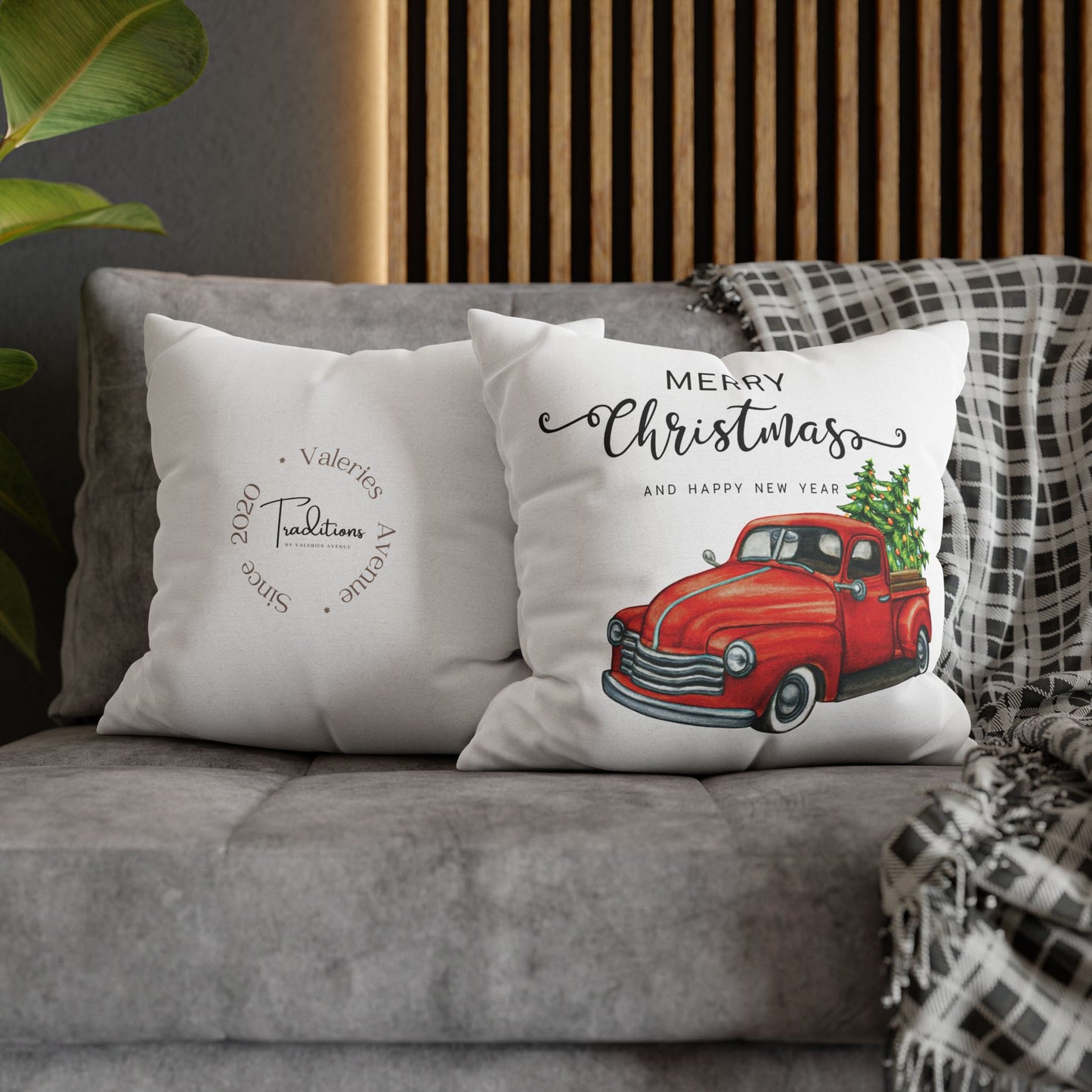 Vintage Christmas Chevy Red truck Design Spun Polyester Square Pillowcase