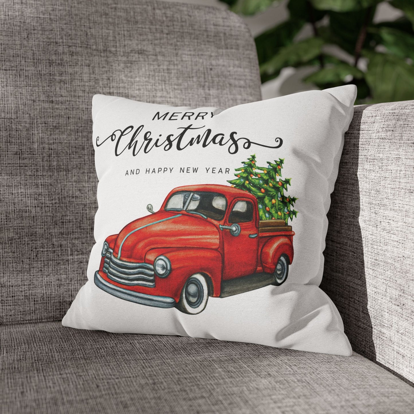 Vintage Christmas Chevy Red truck Design Spun Polyester Square Pillowcase