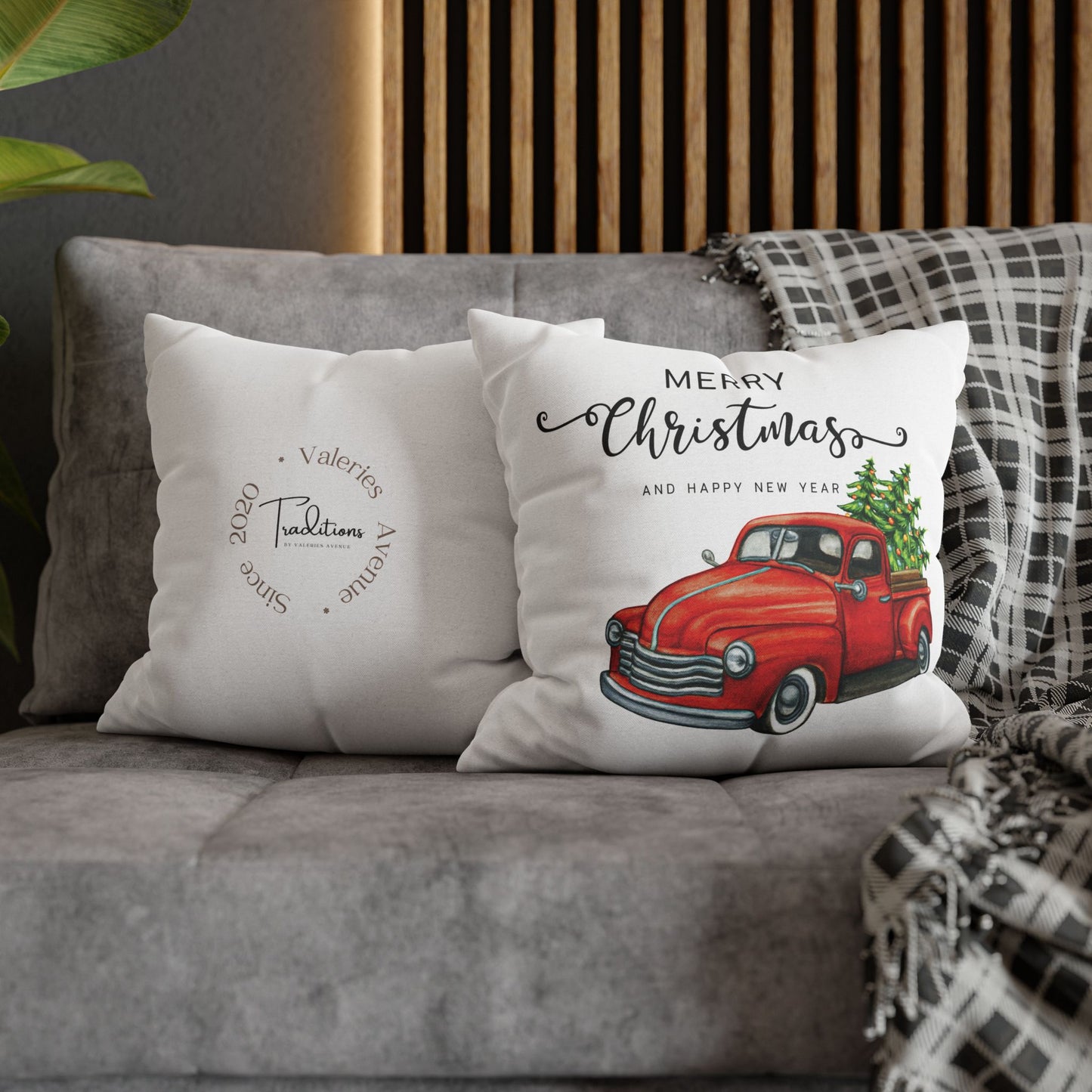 Vintage Christmas Chevy Red truck Design Spun Polyester Square Pillowcase