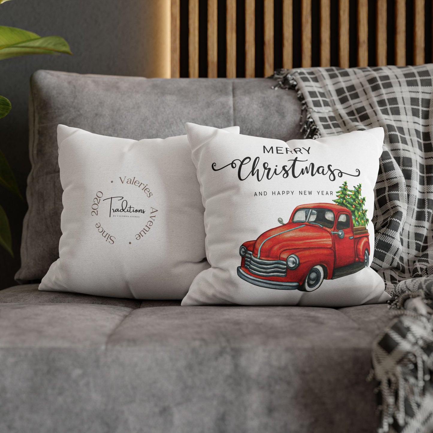Vintage Christmas Chevy Red truck Design Spun Polyester Square Pillowcase
