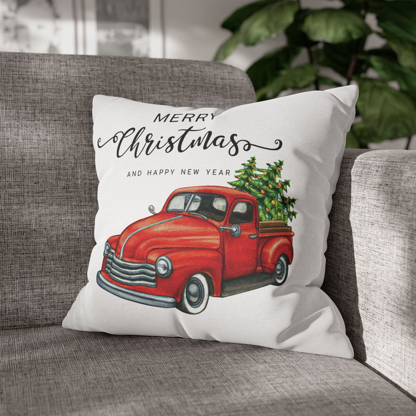 Vintage Christmas Chevy Red truck Design Spun Polyester Square Pillowcase
