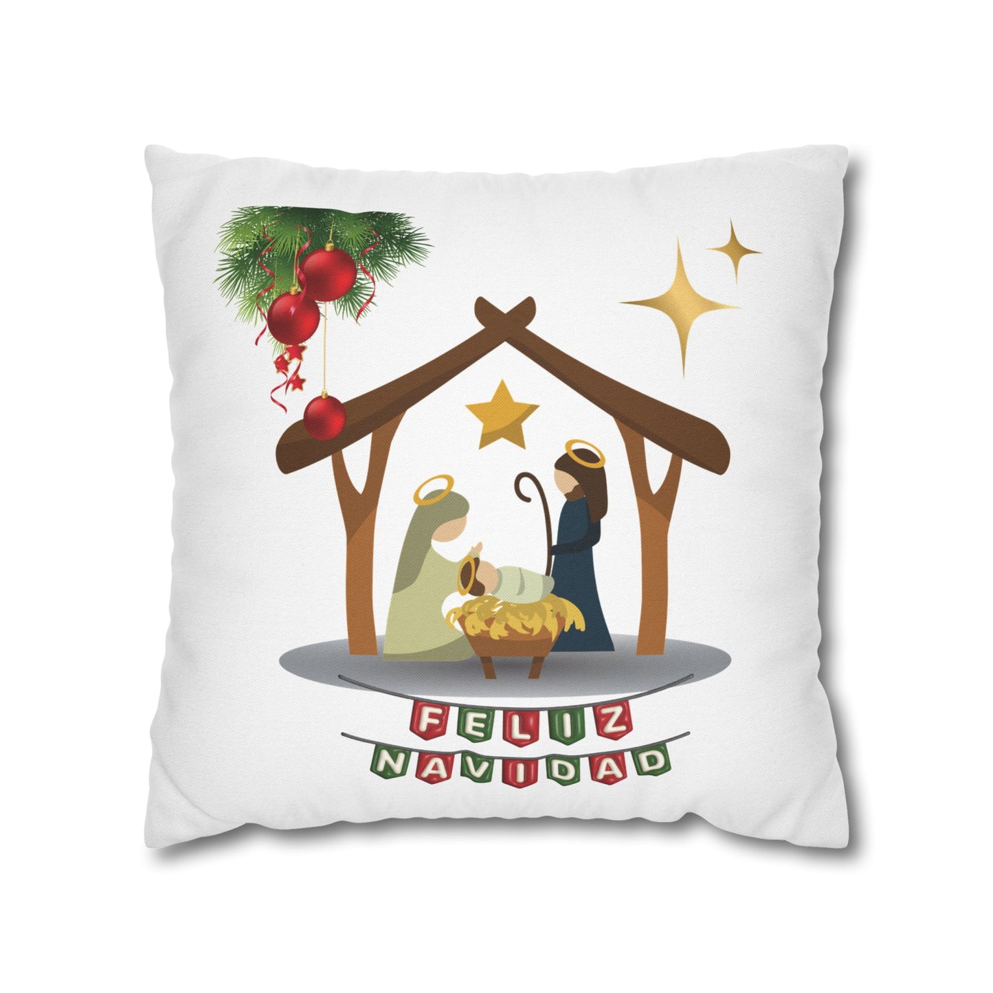 Feliz Navidad printed Nativity Design Spun Polyester Square Pillowcase