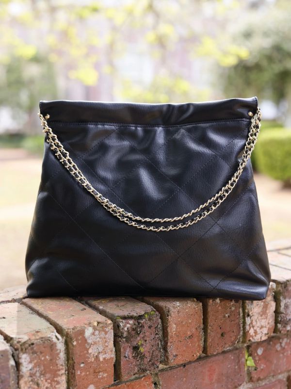 Quilted Black Vegan Leather Shoulder Bag with Matching Pouch