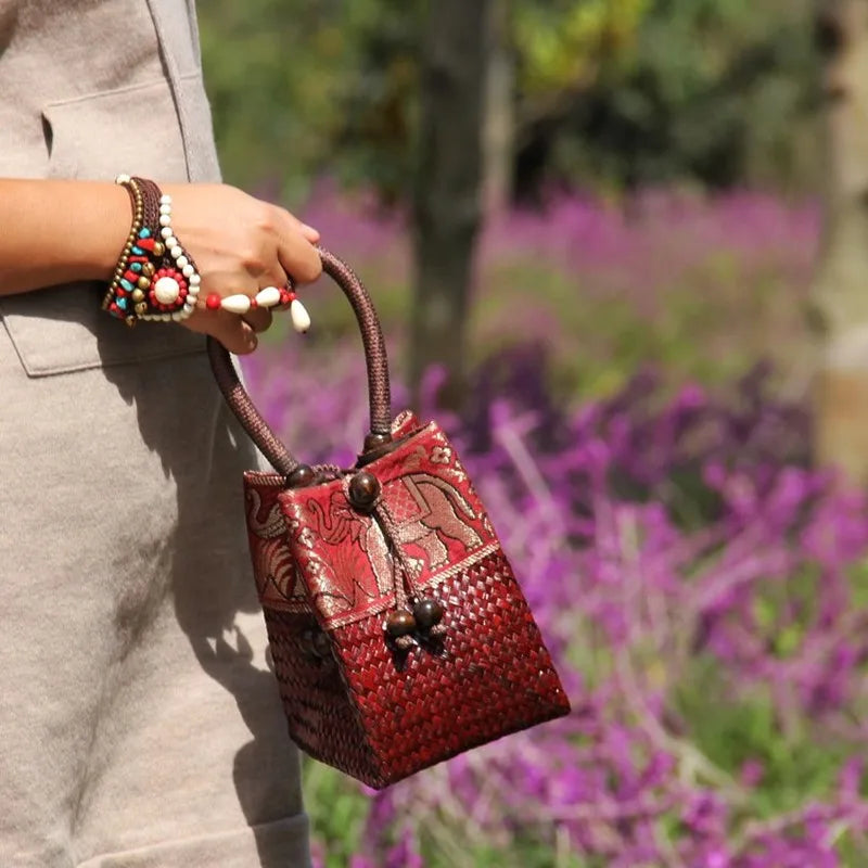 Rattan Handbag Vintage Distressed Straw Bag Woven Mini tote Bucket Bag women clutch bag