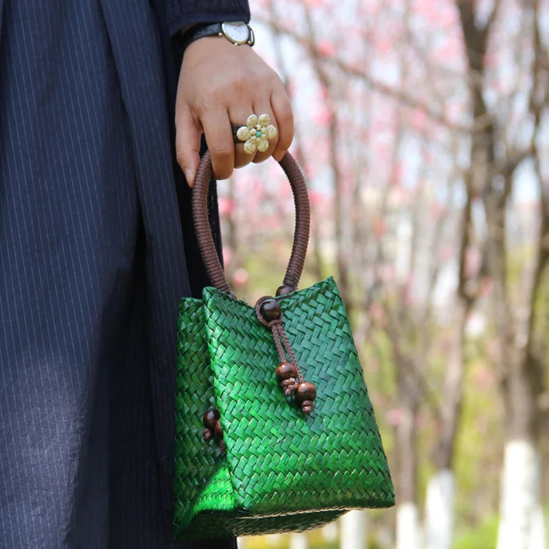 Rattan Handbag Vintage Distressed Straw Bag Woven Mini tote Bucket Bag women clutch bag