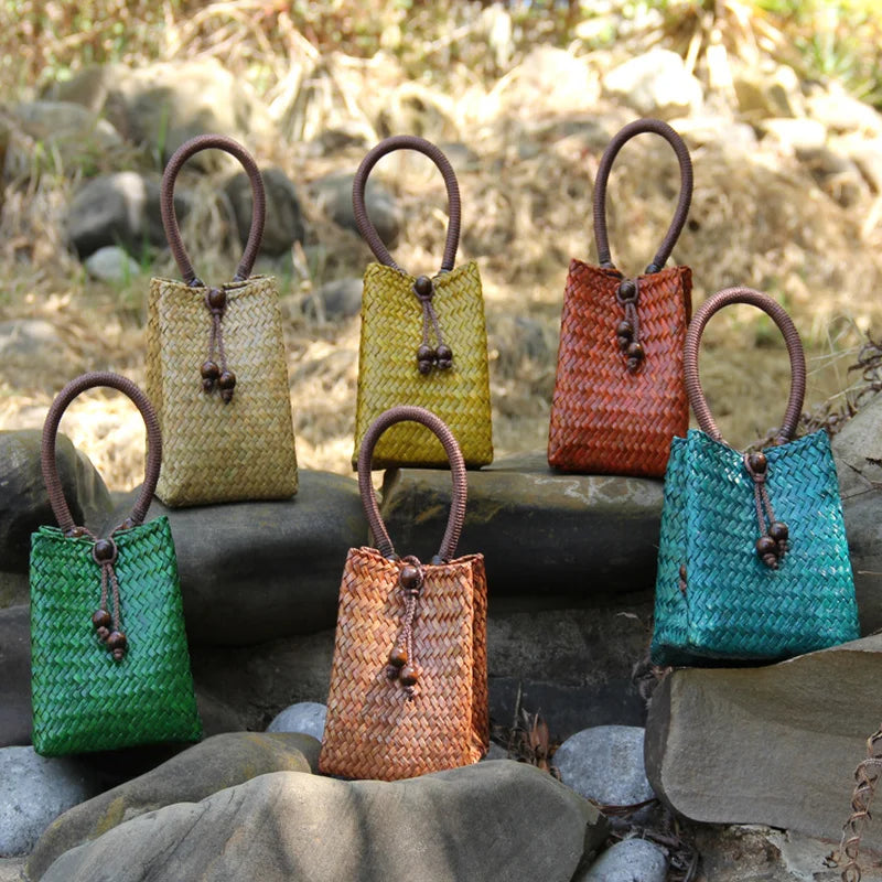 Rattan Handbag Vintage Distressed Straw Bag Woven Mini tote Bucket Bag women clutch bag