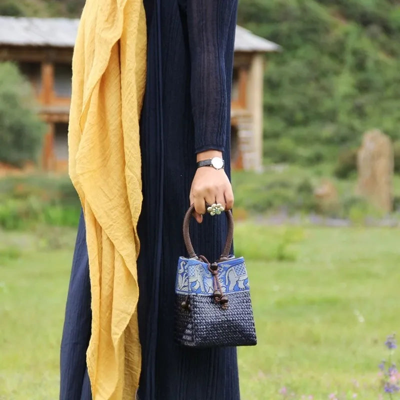 Rattan Handbag Vintage Distressed Straw Bag Woven Mini tote Bucket Bag women clutch bag