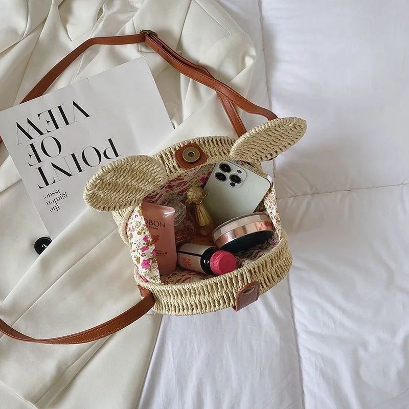 Hot Disney Women'S Designer Straw Fancy Bags Cute Rattan Handbag Travel Leisure Vacation Small Round Beach Mickeying Mouse Bag