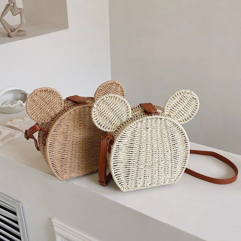 Hot Disney Women'S Designer Straw Fancy Bags Cute Rattan Handbag Travel Leisure Vacation Small Round Beach Mickeying Mouse Bag