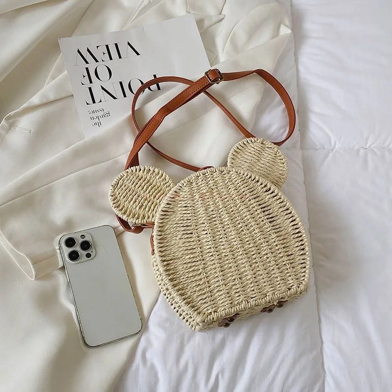 Hot Disney Women'S Designer Straw Fancy Bags Cute Rattan Handbag Travel Leisure Vacation Small Round Beach Mickeying Mouse Bag
