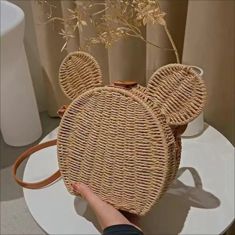Hot Disney Women'S Designer Straw Fancy Bags Cute Rattan Handbag Travel Leisure Vacation Small Round Beach Mickeying Mouse Bag