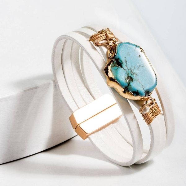 Turquoise & White leather bracelet