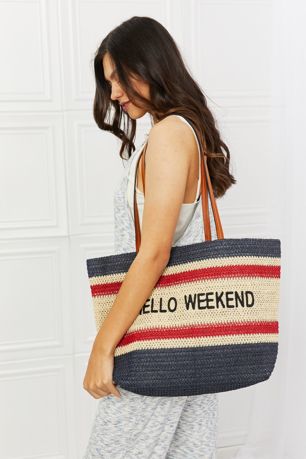 Hello Weekend Straw Tote Bag no