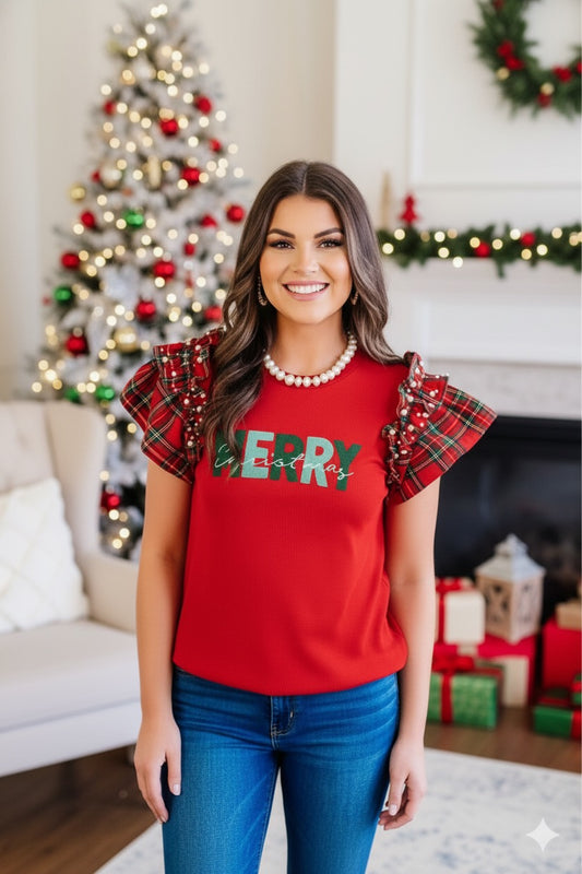 MERRY Plaid Ruffled Cap Sleeve Christmas Knit Top