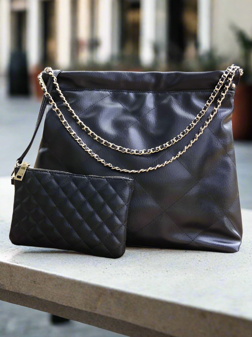 Quilted Black Vegan Leather Shoulder Bag with Matching Pouch