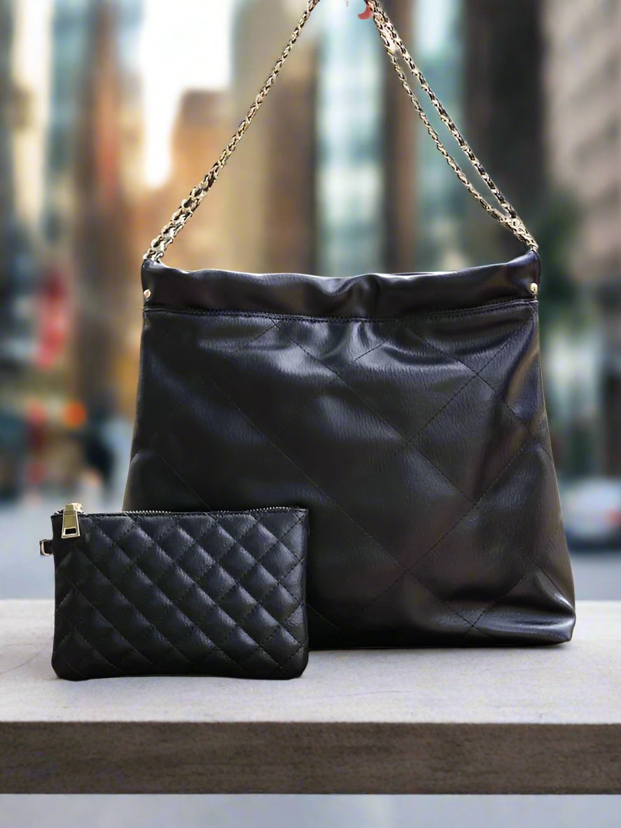 Quilted Black Vegan Leather Shoulder Bag with Matching Pouch