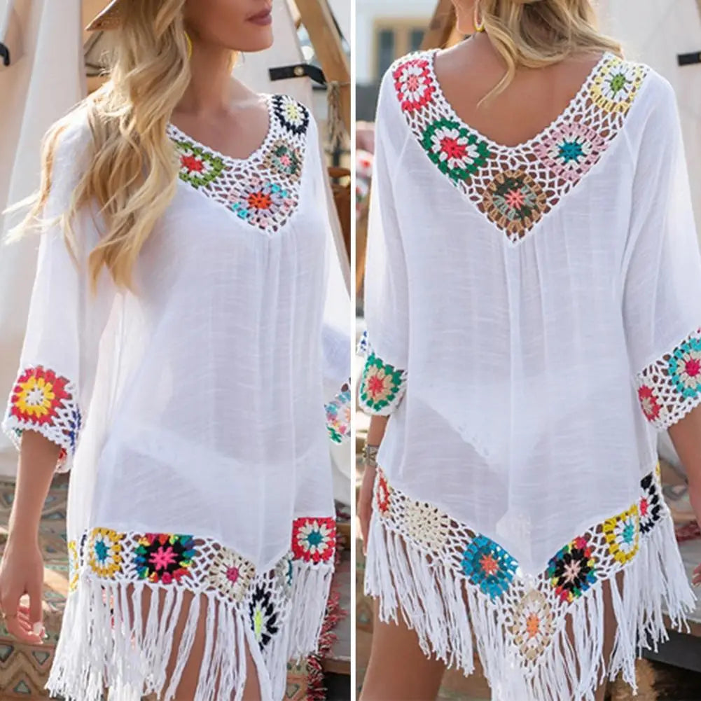 Swimsuit Cover Up Loose fitting Tunic with colorful embroidery