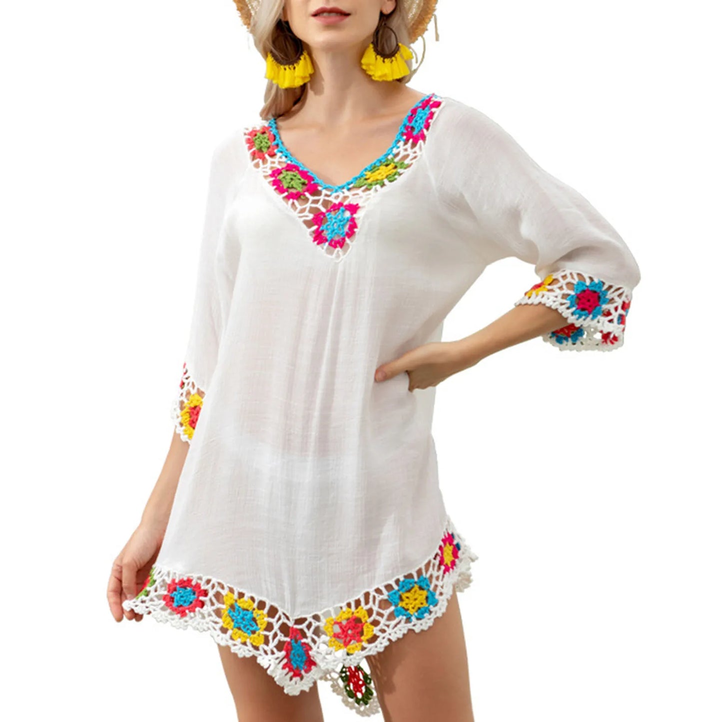 Swimsuit Cover Up Loose fitting Tunic with colorful embroidery