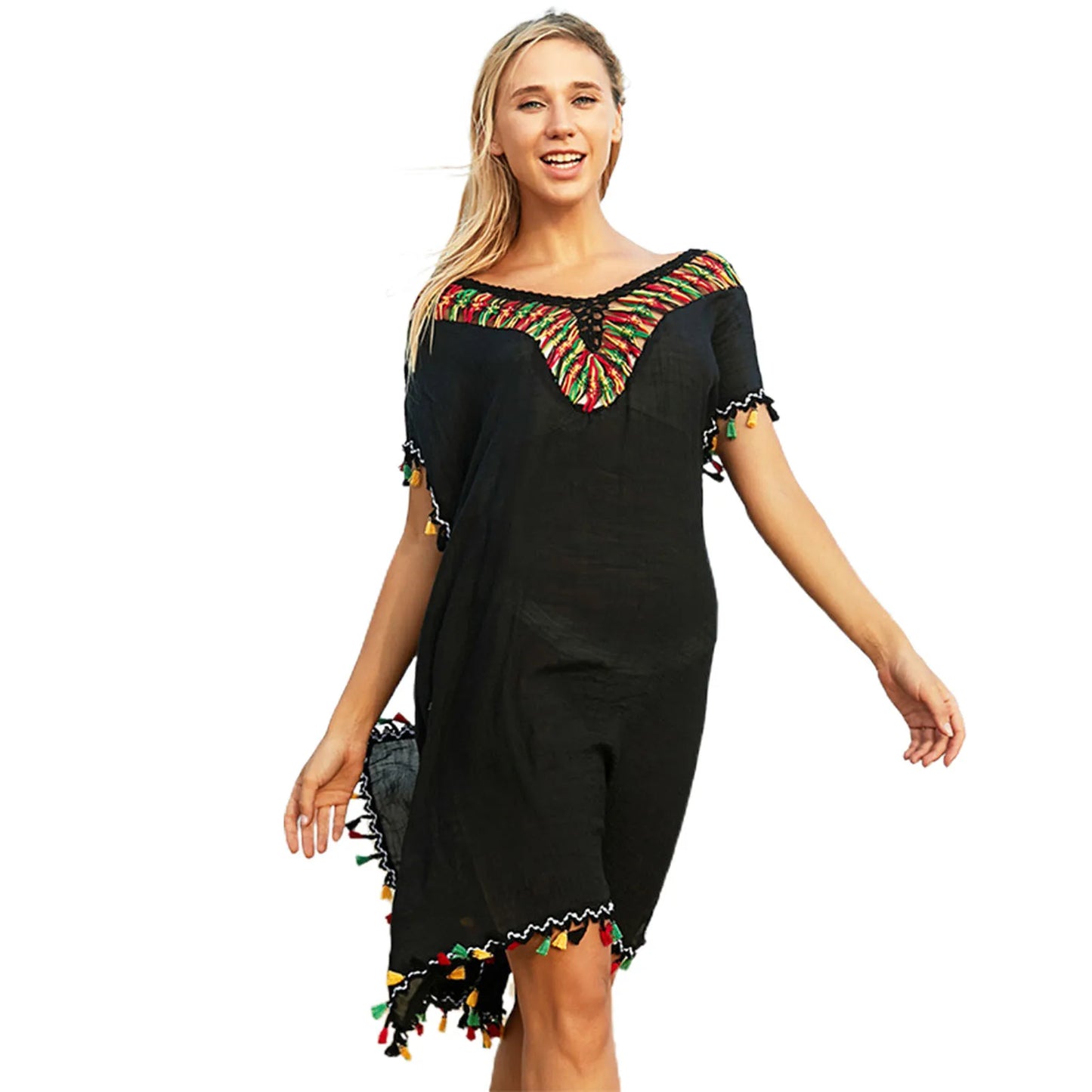 Swimsuit Cover Up Loose fitting Tunic with colorful embroidery