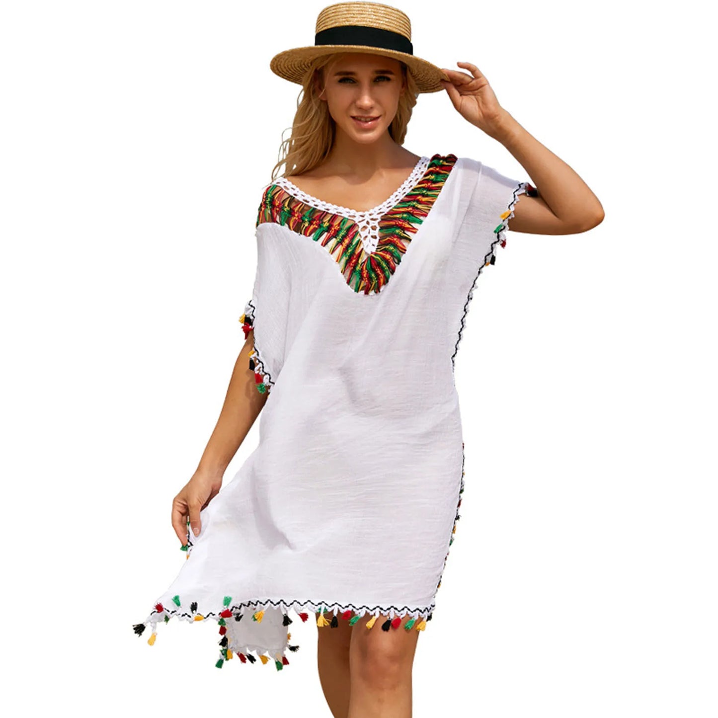 Swimsuit Cover Up Loose fitting Tunic with colorful embroidery
