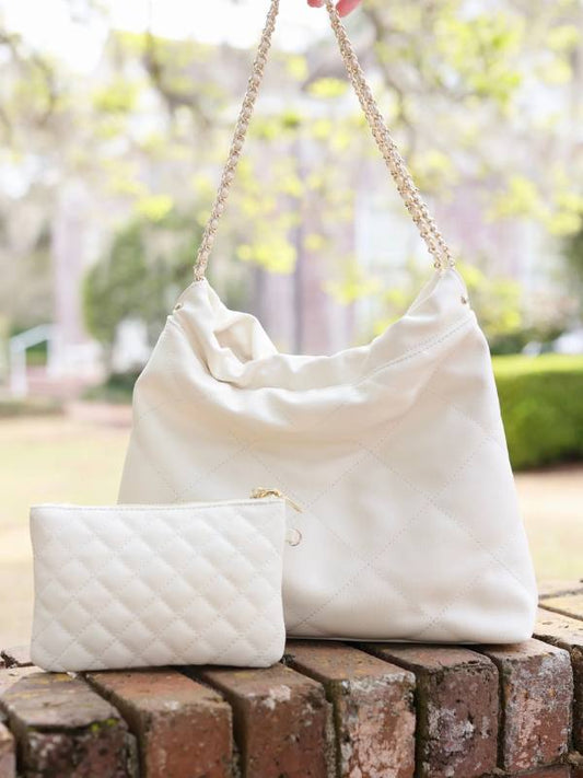 Quilted Cream Vegan Leather Shoulder Bag with Matching Pouch