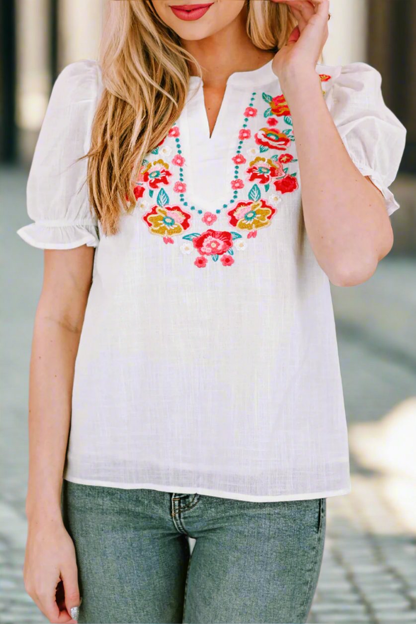 Embroidered Notched Neck Flounce Sleeve Top